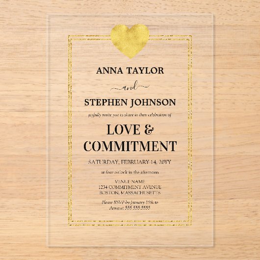 Lux Gold Heart Love & Commitment Ceremonie Acryl Uitnodigingen (Voorkant)