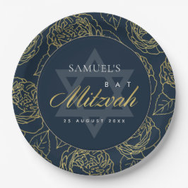 LUX GOLD NAVY BLUE ROOS FLORAL BAR BAT MITZVAH PAPIEREN BORDJE