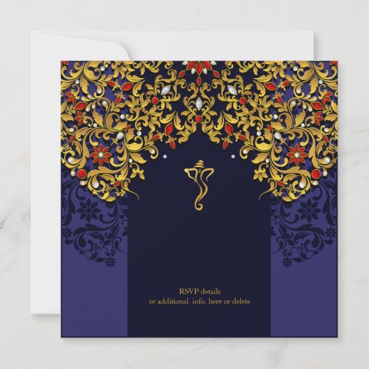 Lux Jeweled Goud Rood Blauw Hindu Bruiloft Kaart (Achterkant)