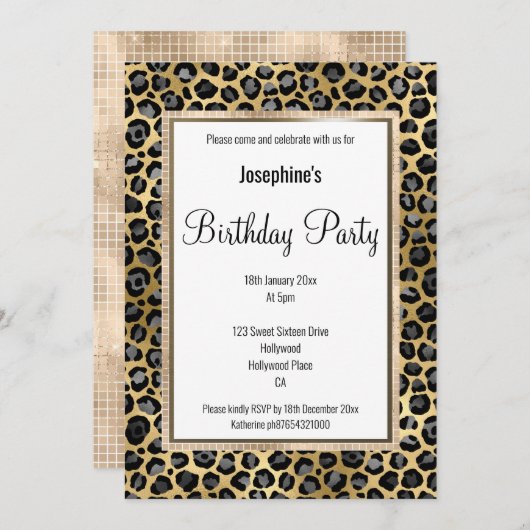 LUX LEOPARD CHAMPAGNE BIRTHDAY INVITATIE KAART (Voorkant / Achterkant)