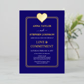 Lux Navy Blue en Gold Heart Engagement Ceremonie Folie Uitnodiging (Staand Voorkant)