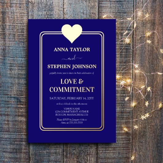 Lux Navy Blue en Gold Heart Engagement Ceremonie Folie Uitnodiging