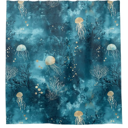Lux Ocean Jellyfish & Coral Gold Pattern (3) Douchegordijn (Voorkant)