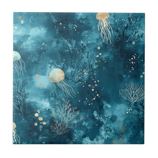 Lux Ocean Jellyfish & Coral Gold Pattern (3) Tegeltje (Voorkant)