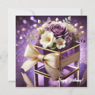 Lux paarse glazen bloemen cadeau gouden chiffon bo feestdagenkaart