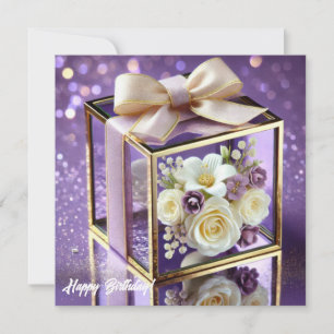 Lux paarse glazen bloemen cadeau gouden chiffon bo feestdagenkaart