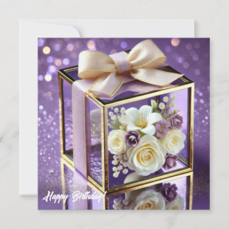 Lux paarse glazen bloemen cadeau gouden chiffon bo feestdagenkaart