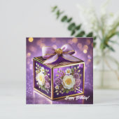 Lux paarse glazen bloemen cadeau gouden chiffon bo feestdagenkaart (Staand voorkant)
