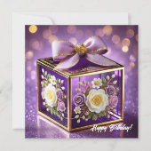 Lux paarse glazen bloemen cadeau gouden chiffon bo feestdagenkaart (Voorkant)