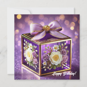 Lux paarse glazen bloemen cadeau gouden chiffon bo feestdagenkaart