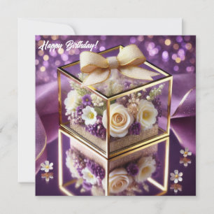 Lux paarse glazen bloemen cadeau gouden chiffon bo feestdagenkaart