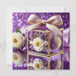 Lux paarse glazen bloemen cadeau gouden chiffon bo feestdagenkaart