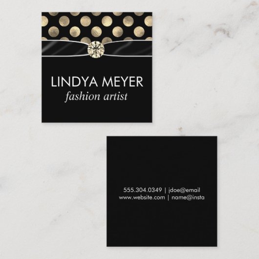 Lux Polka Dot Ribbon en Diamond Center Piece Vierkante Visitekaartje (Voorkant / Achterkant)