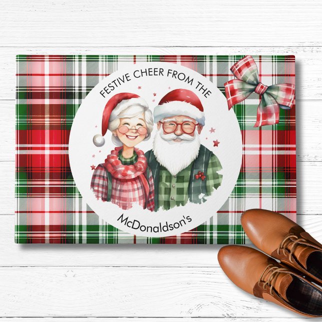  Lux Rood Groen Plaid Aangepaste Naam Kerst Deurmat (Mrs Mr Claus Santa Personalized Name Vintage Doormat home decor red green plaid tartan farmhouse)