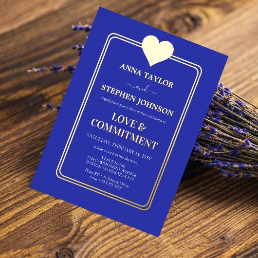 Lux Royal Blue and Gold Heart Commitment Ceremony Folie Uitnodiging