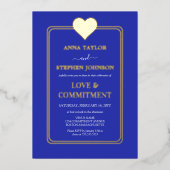Lux Royal Blue and Gold Heart Commitment Ceremony Folie Uitnodiging (Voorkant)