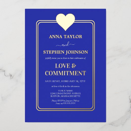 Lux Royal Blue and Gold Heart Commitment Ceremony Folie Uitnodiging (Voorkant)