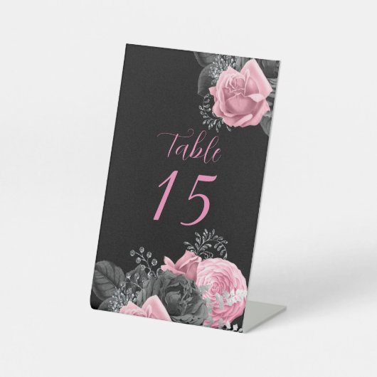 Lux Roze Zwarte Floral Inking Weddenschappen Tafel Reclamebord Met Voetstuk (Voorkant)