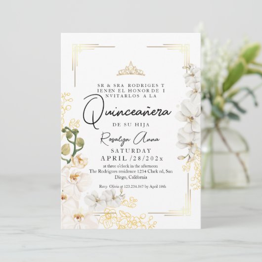 Lux White Orchid Princess Tiara Quinceañera Kaart (Staand voorkant)