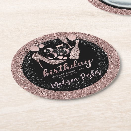 Luxe 35th Birthday Glitter Personalized Ronde Kartonnen Onderzetter (Gebogen)