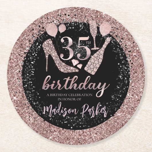 Luxe 35th Birthday Glitter Personalized Ronde Kartonnen Onderzetter (Voorkant)