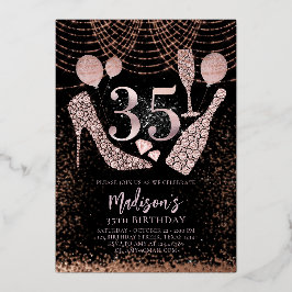 Luxe 35th Birthday Glitter Roos Gold Black Folie Uitnodiging