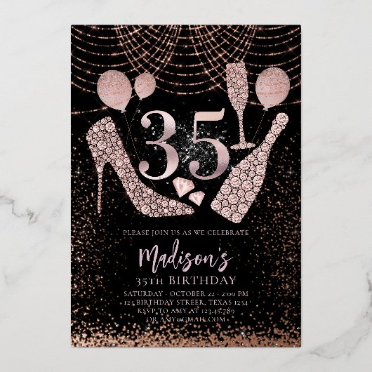 Luxe 35th Birthday Glitter Roos Gold Black Folie Uitnodiging (Voorkant)