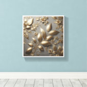 Luxe 3D Gouden Bloemreliëf - Elegant Metaal Canvas Afdruk (Insitu (Houten vloer))