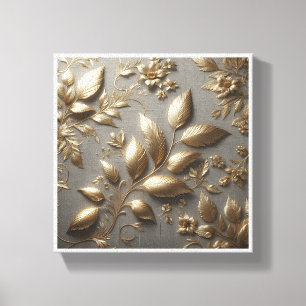 Luxe 3D Gouden Bloemreliëf - Elegant Metaal Canvas Afdruk