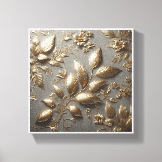 Luxe 3D Gouden Bloemreliëf - Elegant Metaal Canvas Afdruk (Voorkant)