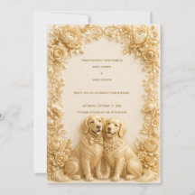 Luxe 3D gouden Golden Retriever trouwuitnodiging