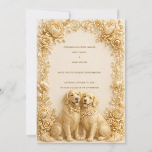 Luxe 3D gouden Golden Retriever trouwuitnodiging Kaart
