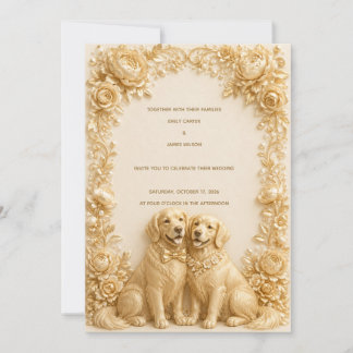 Luxe 3D gouden Golden Retriever trouwuitnodiging Kaart