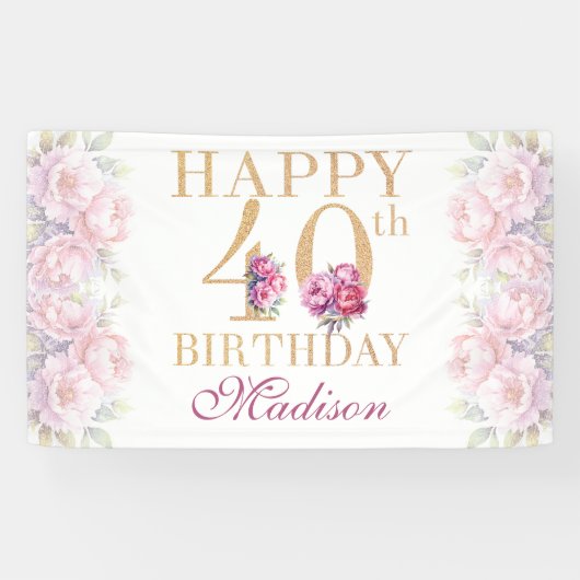 Luxe 40e verjaardag pioenroze gouden glitter spandoek (Horizontaal)