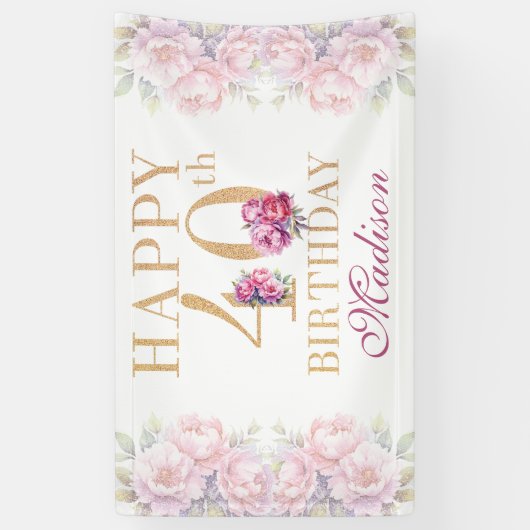 Luxe 40e verjaardag pioenroze gouden glitter spandoek (Verticaal)