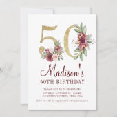 Luxe 50e verjaardag Burgundy Gold Floral Kaart (Voorkant)