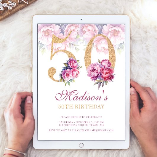 Luxe 50e verjaardag Floral Pink Gold Glitter Kaart