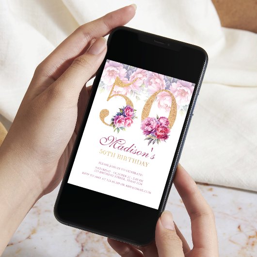 Luxe 50e verjaardag Floral Pink Gold Glitter Kaart