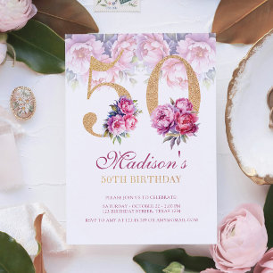Luxe 50e verjaardag Floral Pink Gold Glitter Kaart