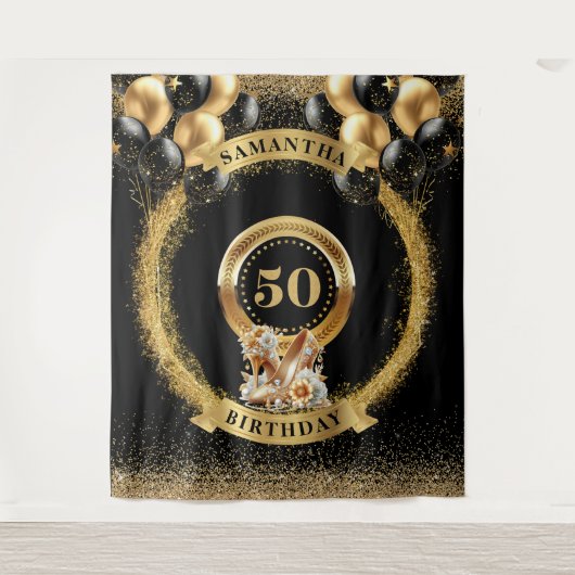 Luxe 50e Verjaardag Tapijt Zwart Goud Hoge Hak Wandkleed (Voorkant)