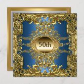 Luxe 50e verjaardagsfeest goud blauw kaart (Voorkant / Achterkant)