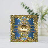 Luxe 50e verjaardagsfeest goud blauw kaart (Staand voorkant)