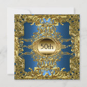 Luxe 50e verjaardagsfeest goud blauw kaart (Voorkant)