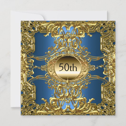 Luxe 50e verjaardagsfeest goud blauw kaart (Voorkant)