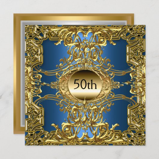 Luxe 50ste verjaardagsfeest goud blauw kaart (Voorkant / Achterkant)