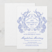 LUXE 60e Verjaardag  Blauw Bloemkam Kaart (Voorkant / Achterkant)