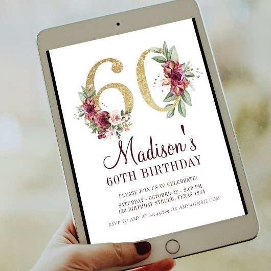 Luxe 60e verjaardag Burgundy Gold Floral Kaart