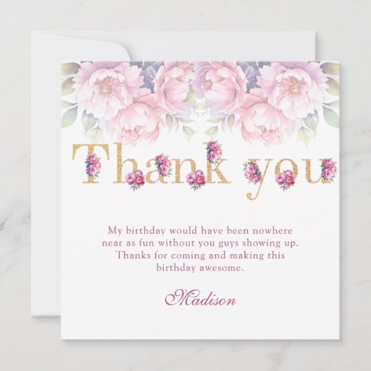 Luxe 60e verjaardag Floral Pink Gold Glitter Bedankkaart (Voorkant)