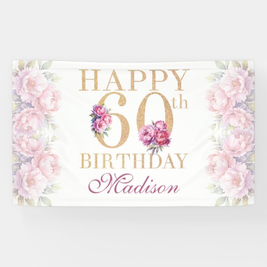 Luxe 60e verjaardag pioenroze gouden glitter spandoek (Horizontaal)