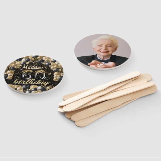 Luxe 60e verjaardag zwarte goudfoto handwaaier (Niet-gemonteerd)